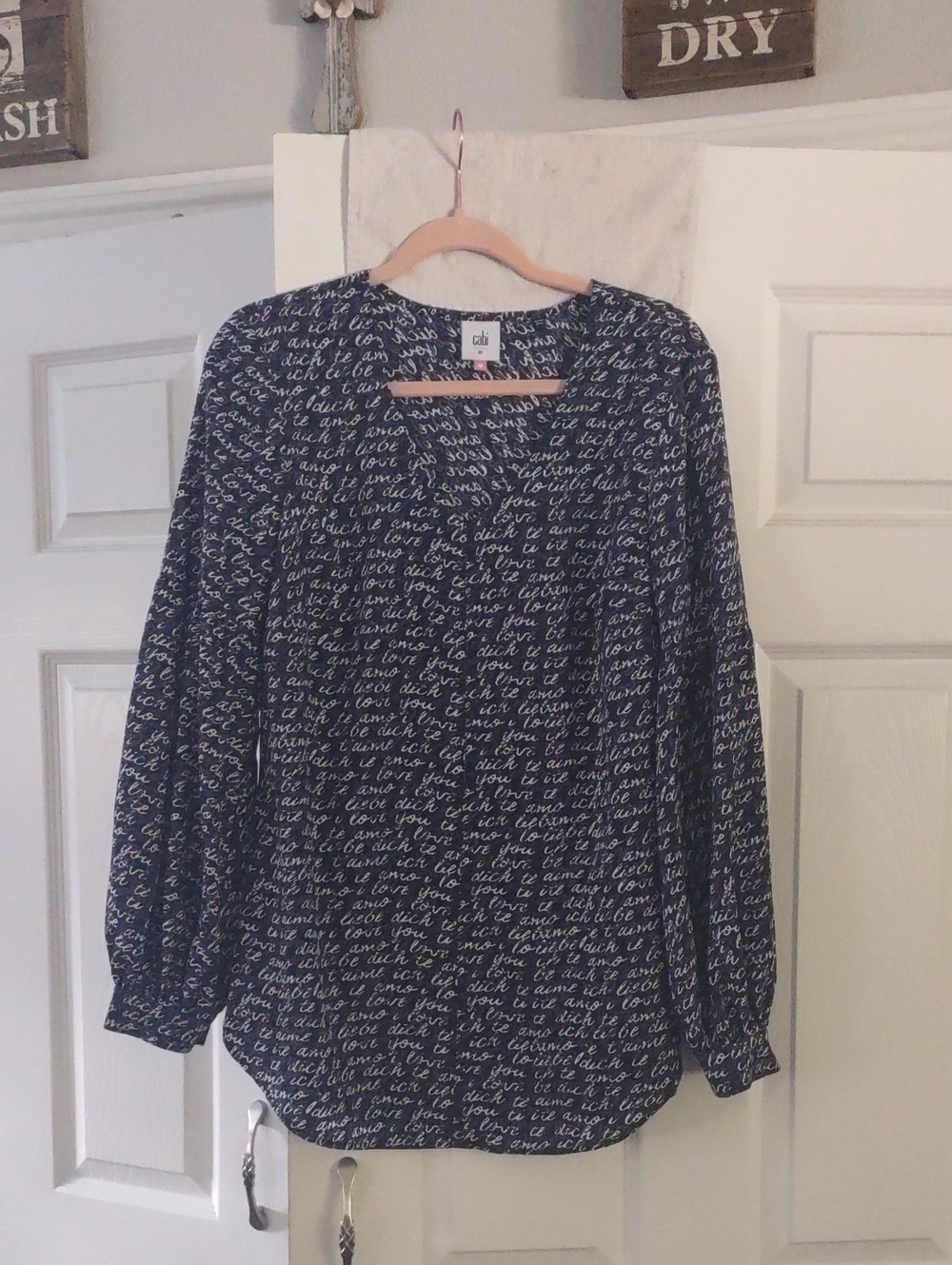 cabi TeAmo (Love In Many Languages)Script-Print Long Sleeve Top in Blue & White